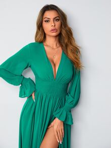 SHEIN 荷葉邊袖打褶圍裹下擺連衣裙 - 綠色 - 查看 5