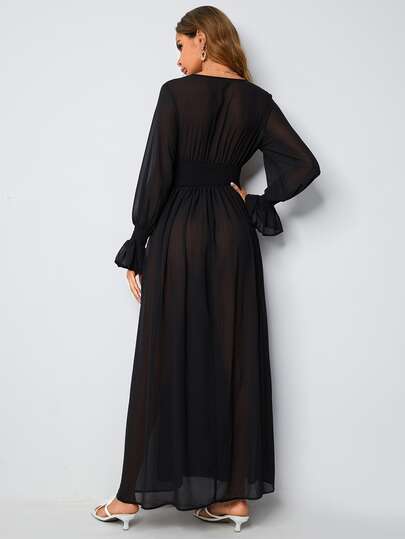 SHEIN フラウンススリーブ シャーリングウエスト ラップヘムドレス