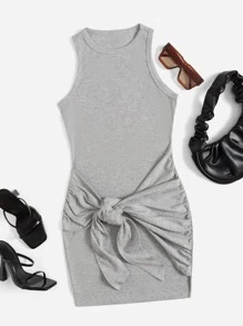 SHEIN Privé Plus Tie Front Bodycon Dress - Light Grey - View 1