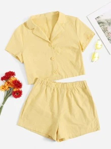 Single Breasted Solid Blouse & Shorts Set - Yellow - View 1