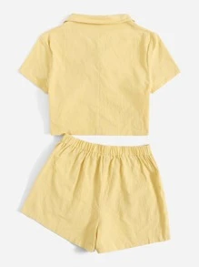 Single Breasted Solid Blouse & Shorts Set - Yellow - View 2
