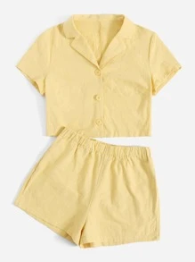 Single Breasted Solid Blouse & Shorts Set - Yellow - View 3