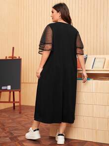 Mulvari 大碼1入組網紗蝴蝶袖標語圖案洋裝 - 黑色 - 查看 2