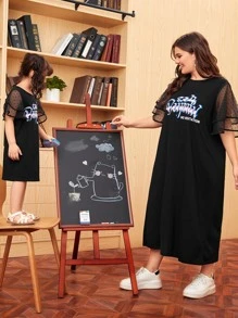 Mulvari 大碼1入組網紗蝴蝶袖標語圖案洋裝 - 黑色 - 查看 4