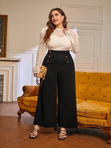 SHEIN Unity áo nữ kích thước lớn Nút Tương phản ren màu trơn Thanh lịch - trắng - Xem 3