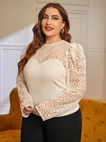 SHEIN Unity áo nữ kích thước lớn Nút Tương phản ren màu trơn Thanh lịch - trắng - Xem 5