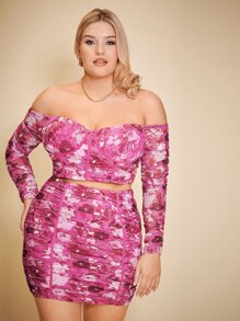 SHEIN Unity 大碼一字肩緊身上衣花卉圖案上衣和包臀半身裙套裝 - 彩色 - 查看 3