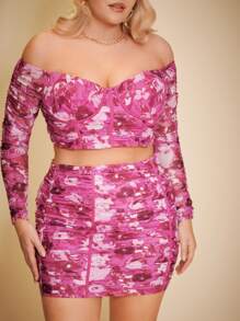 SHEIN Unity 大碼一字肩緊身上衣花卉圖案上衣和包臀半身裙套裝 - 彩色 - 查看 5