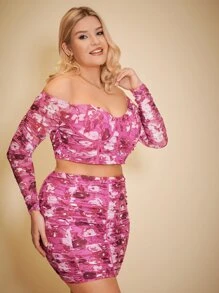 SHEIN Unity 大碼一字肩緊身上衣花卉圖案上衣和包臀半身裙套裝 - 彩色 - 查看 6