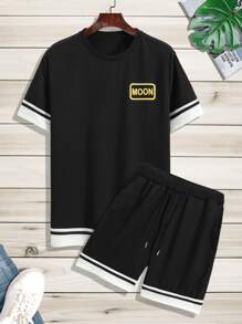 Manfinity Men Letter Graphic Contrast Trim Tee & Drawstring Waist Shorts - Black - View 1