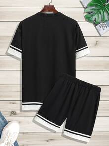 Manfinity Men Letter Graphic Contrast Trim Tee & Drawstring Waist Shorts - Black - View 2