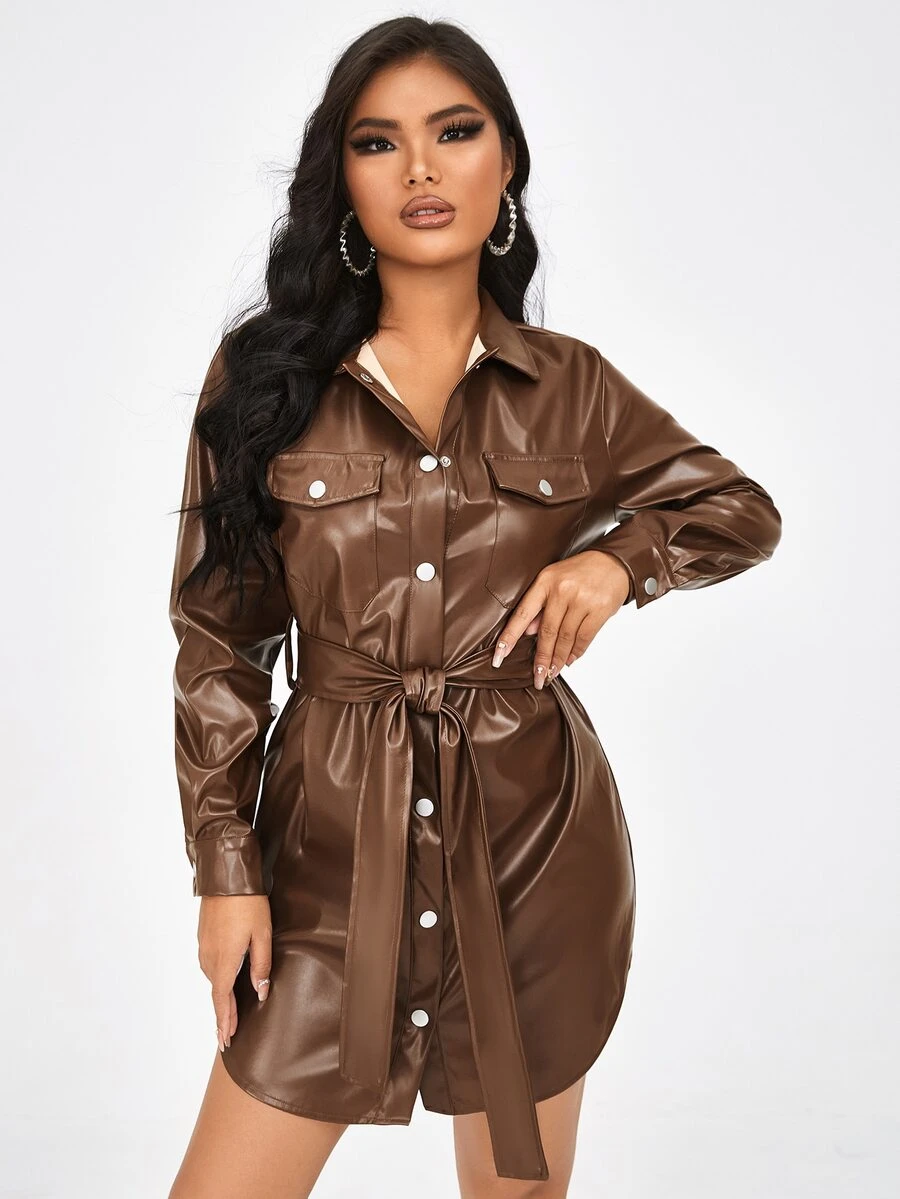 SHEIN Đầm Thắt lưng Túi Nút phía trước màu trơn Hấp dẫn - Màu nâu Sô-cô-la - Xem 1
