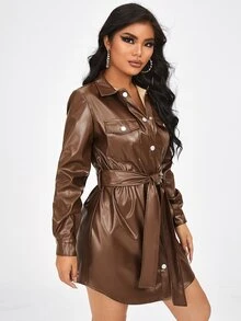 SHEIN Đầm Thắt lưng Túi Nút phía trước màu trơn Hấp dẫn - Màu nâu Sô-cô-la - Xem 3