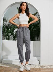 SHEIN Pantalones rompevientos de cintura con cordón - Gris - Ver 3