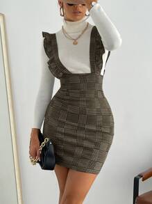 SHEIN Privé Đầm Xù Sọc ca rô Thanh lịch - màu nâu - Xem 1