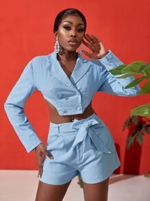 Slaydiva 素色雙排釦不對稱下擺短版西裝 - 淺藍色 - 查看 1