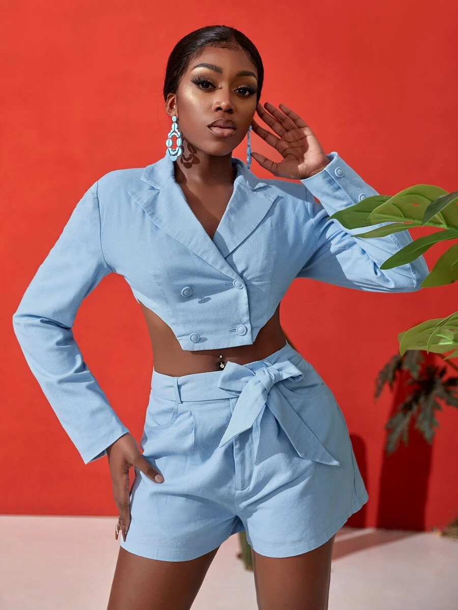 Slaydiva 素色雙排釦不對稱下擺短版西裝 - 淺藍色 - 查看 1