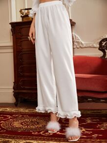 SHEIN Unity Pantalones de dormir de talle alto bajo con fruncido - Blanco - Ver 3