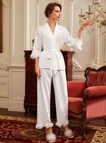 SHEIN Unity Pantalones de dormir de talle alto bajo con fruncido - Blanco - Ver 4