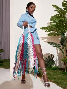 Slaydiva 素色雙排釦不對稱下擺短版西裝 - 淺藍色 - 查看 4