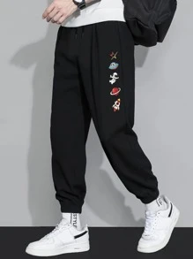 Manfinity Hypemode Men Rocket & Spaceman Print Drawstring Joggers - Black - View 1