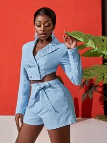 Slaydiva 素色雙排釦不對稱下擺短版西裝 - 淺藍色 - 查看 7