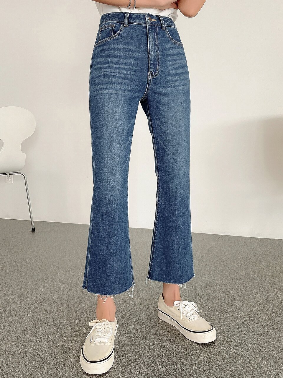 High Waist Frayed Hem Cat Whisker Flare Leg Jeans