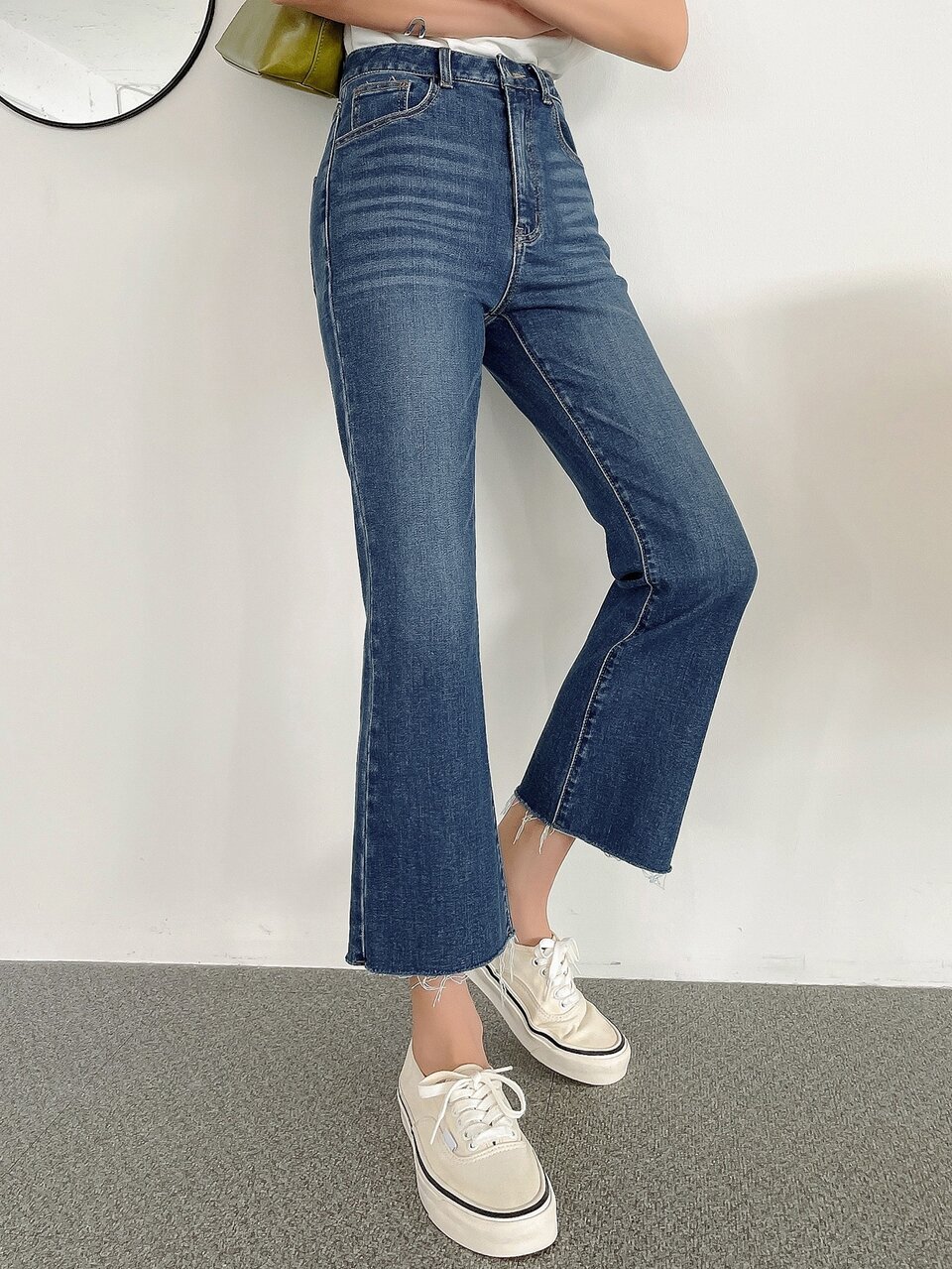 High Waist Frayed Hem Cat Whisker Flare Leg Jeans