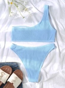 Bikini de un hombro con corte alto y textura de verano - Azul - Ver 4