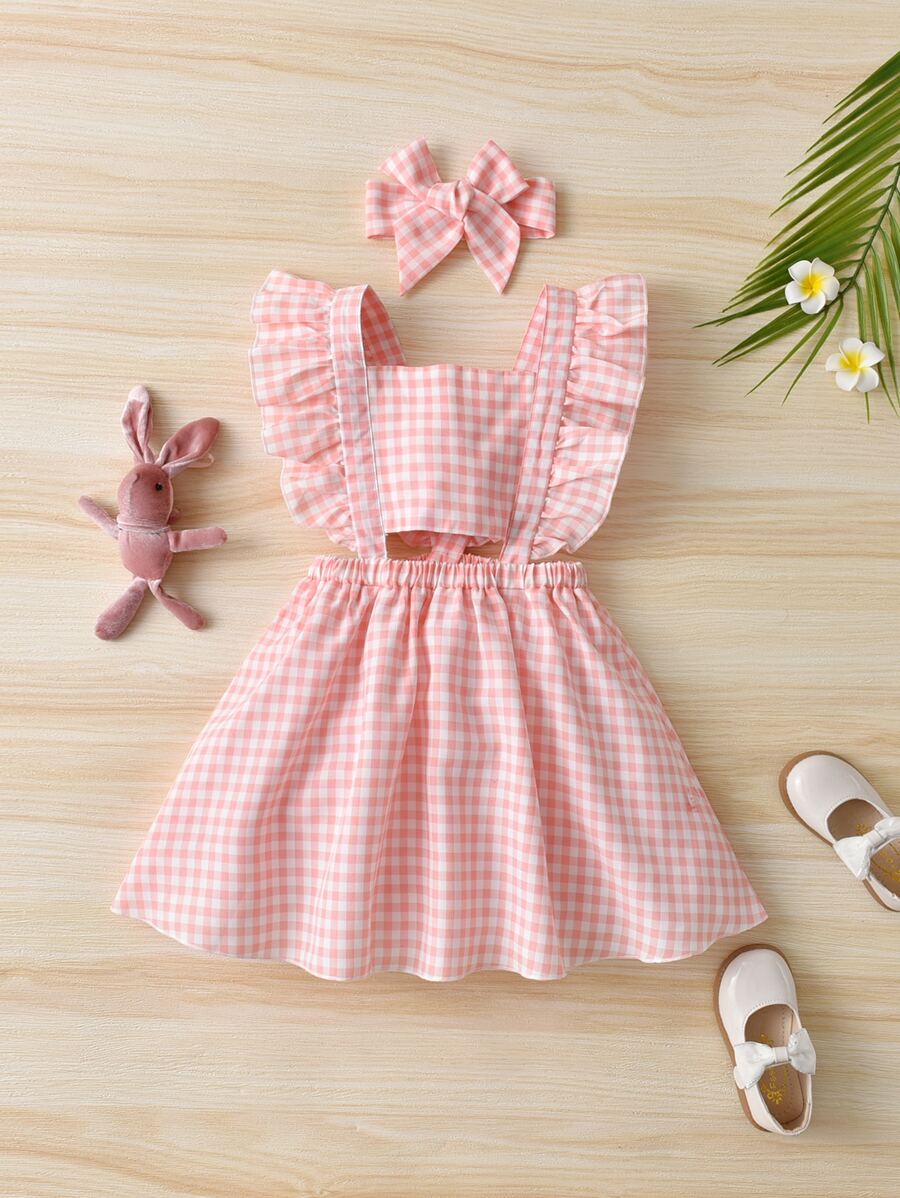 SHEIN Toddler Girls Gingham Ruffle Trim Pinafore Dress & Accessory Headband - Pink - View 1