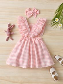 SHEIN Toddler Girls Gingham Ruffle Trim Pinafore Dress & Accessory Headband - Pink - View 2