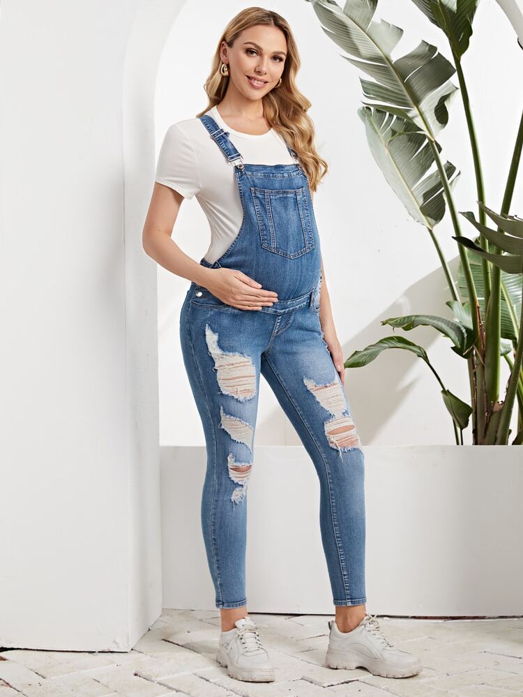 SHEIN Maternity Kangaroo Pocket Ripped Denim Jumpsuit - Medium Wash - View 5