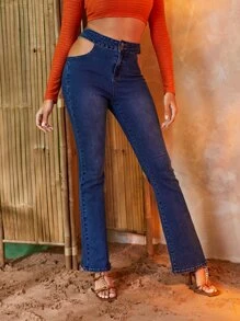 SHEIN 高腰鏤空牛仔喇叭褲 - 深色水洗藍 - 查看 1