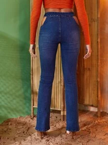 SHEIN 高腰鏤空牛仔喇叭褲 - 深色水洗藍 - 查看 2