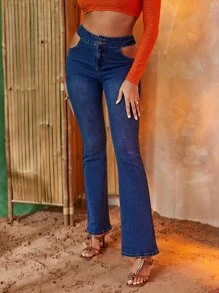 SHEIN 高腰鏤空牛仔喇叭褲 - 深色水洗藍 - 查看 3