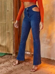 SHEIN 高腰鏤空牛仔喇叭褲 - 深色水洗藍 - 查看 4