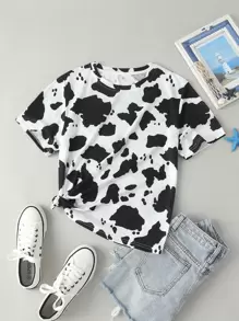 INAWLY Cow Print Round Neck Tee Graphic Tees Women Tops - Black and White - View 1