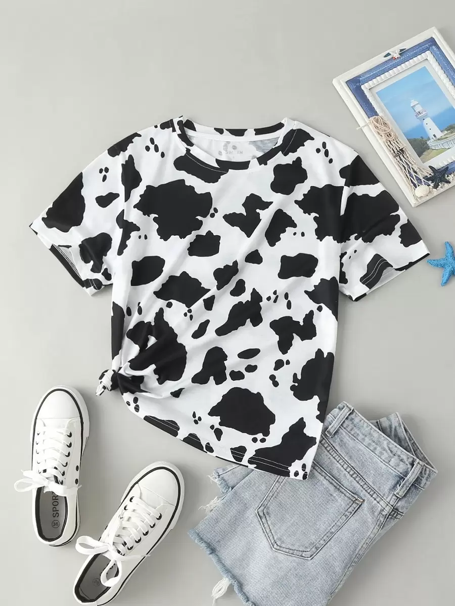 INAWLY Cow Print Round Neck Tee Graphic Tees Women Tops - Black and White - View 1
