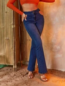 SHEIN 高腰鏤空牛仔喇叭褲 - 深色水洗藍 - 查看 5