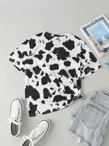 INAWLY Cow Print Round Neck Tee Graphic Tees Women Tops - Black and White - View 2