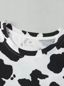 INAWLY Cow Print Round Neck Tee Graphic Tees Women Tops - Black and White - View 3