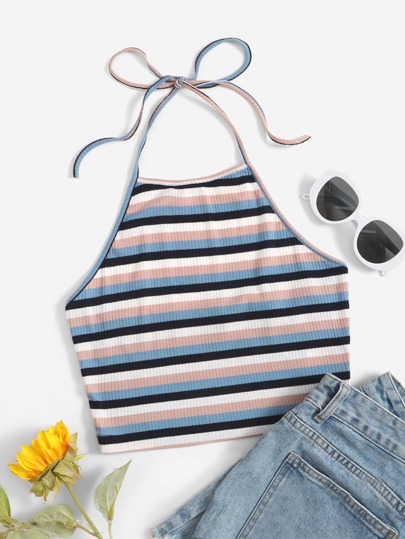 Top ras-du-cou unicolore côtelé