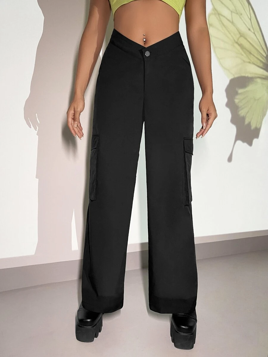 V-cut Waist Flap Pocket Cargo Trousers - Black - View 1