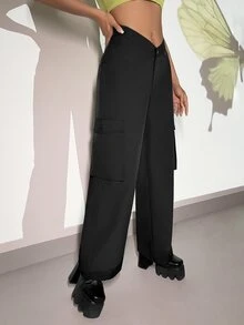 V-cut Waist Flap Pocket Cargo Trousers - Black - View 4