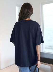 DAZY Slogan Embroidery Heart Print Drop Shoulder Tee - Navy Blue - View 2