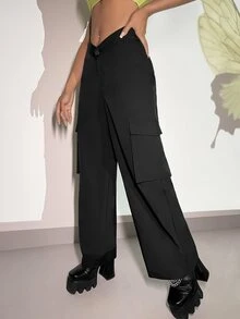 V-cut Waist Flap Pocket Cargo Trousers - Black - View 5