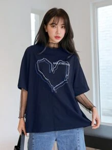 DAZY Slogan Embroidery Heart Print Drop Shoulder Tee - Navy Blue - View 3