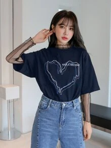 DAZY Slogan Embroidery Heart Print Drop Shoulder Tee - Navy Blue - View 4