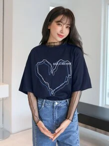 DAZY Slogan Embroidery Heart Print Drop Shoulder Tee - Navy Blue - View 5