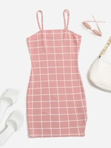 SHEIN Essnce 下擺開叉線格吊帶洋裝 - 藕粉色 - 查看 1